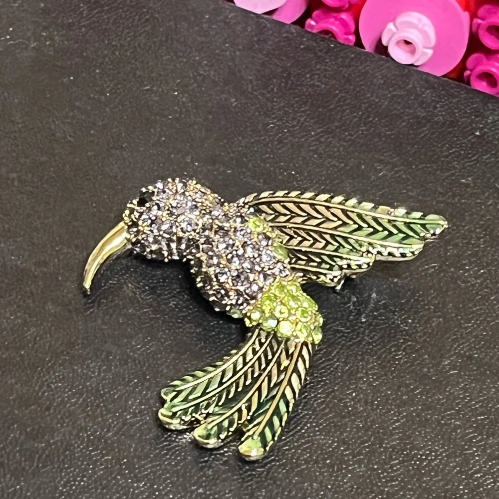 Hummingbird Enamel Rhinestone Brooch - Picture 2 of 12